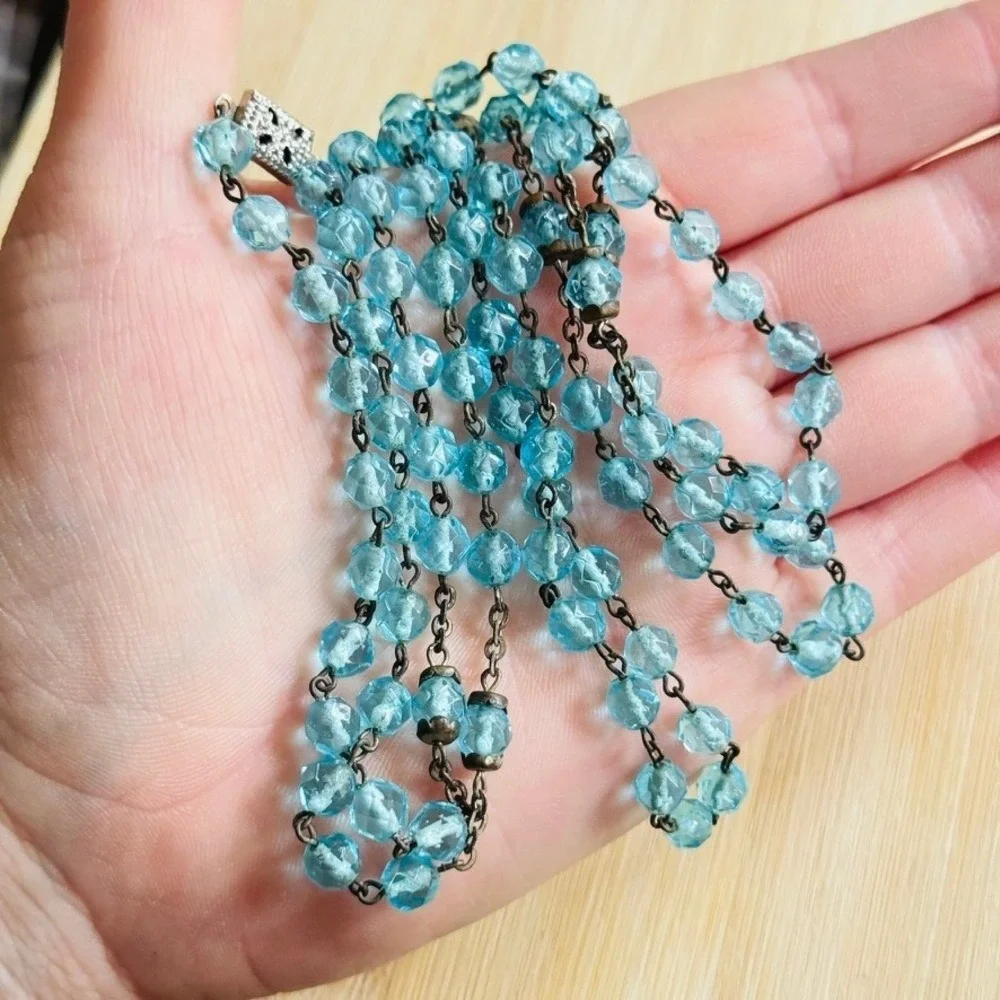 VTG Art Deco Czech Glass Necklace Regal‎ Flapper Blue Beads Filigree Opera 52